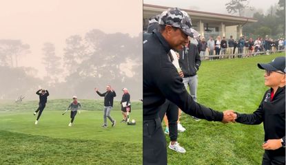 An 11-year-old make a hole-in-one and shakes hands with Tiger Woods