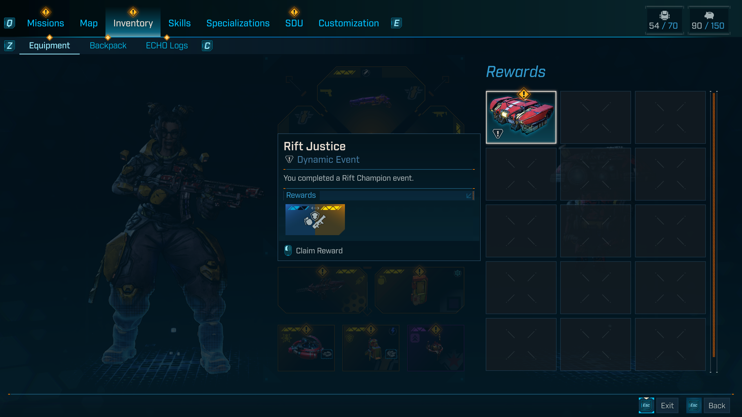 Borderlands 4 Rift Champion world bosses: The Rift Justice reward box in a player's inventory, which has a chance to drop Horrors of Kairos gear.