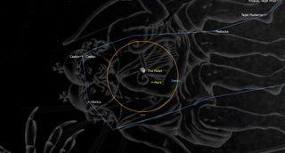 night sky map showing the moon shining to the upper left of mars.