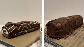 how to make a caterpillar cake: step 3 covering the Swiss roll in chocolate icing