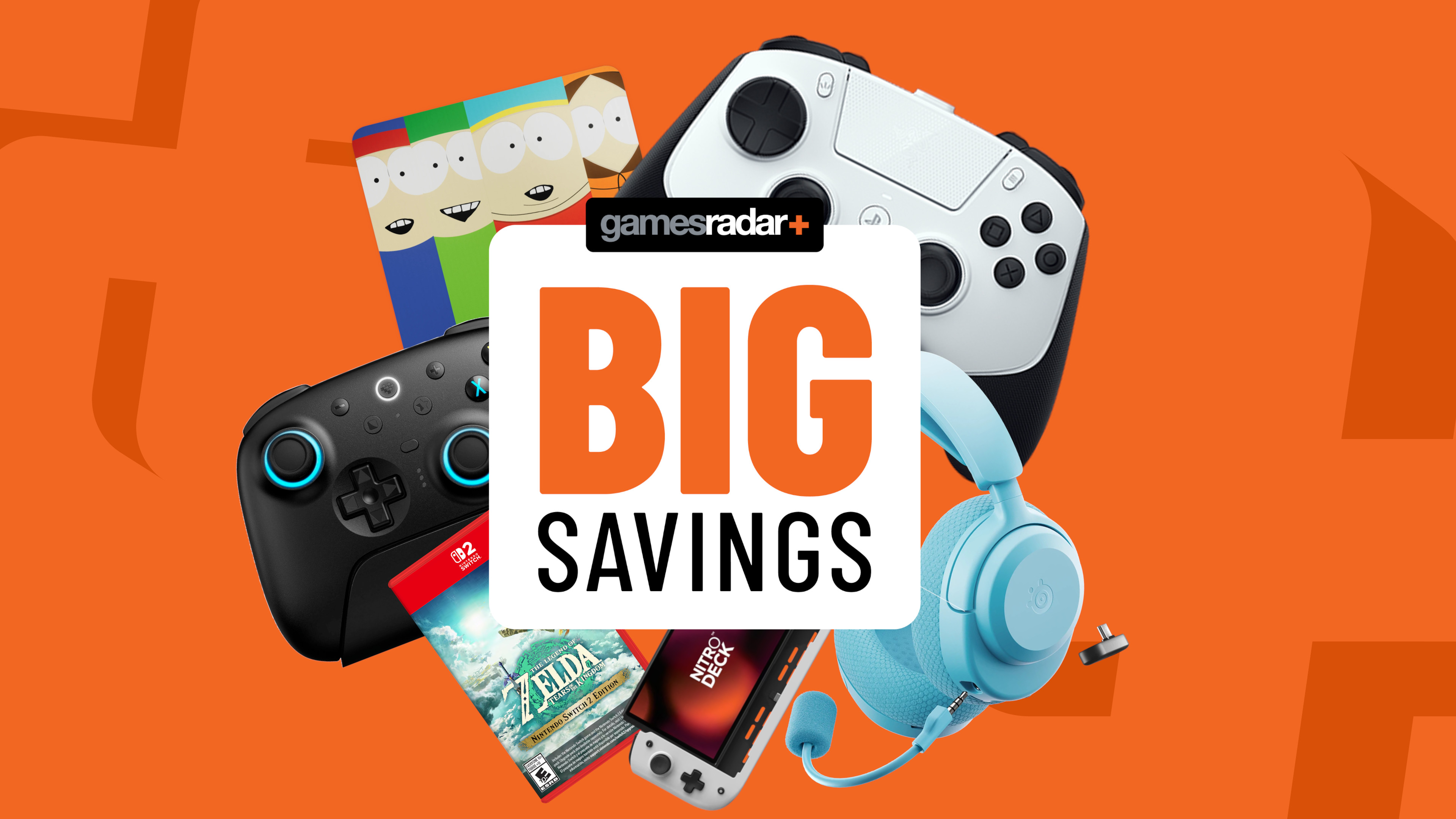 PS5, Nintendo Switch, and PC gaming accessories on an orange background with big savings badge