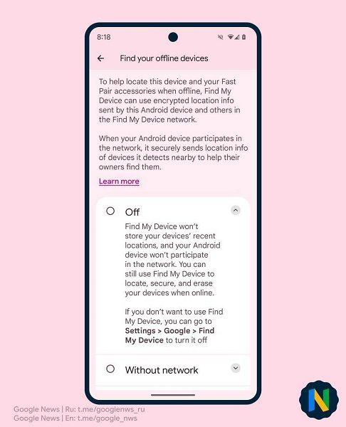 Google's "Find your offline devices" off setting.