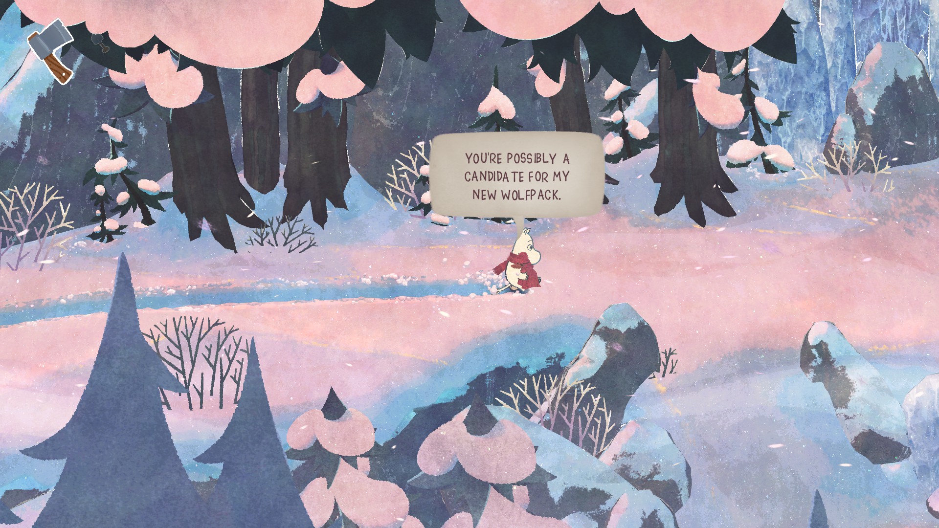 Moomintroll talking to the dog in Moomintroll: Winter's Warmth