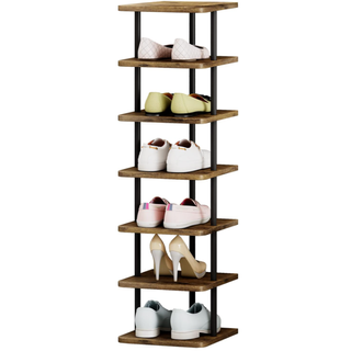 a vertical shoe rack made from wood and metal support beams