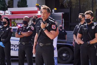 L-R: Natacha Karam, Brian Michael Smith, Rob Lowe and Ronen Rubinstein in the “Back in the Saddle” season premiere episode of 9-1-1: Lone Star