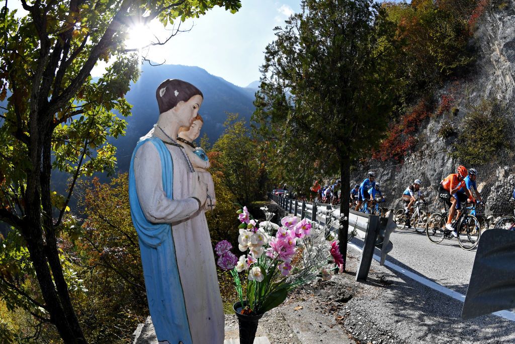 MADONNA DI CAMPIGLIO ITALY OCTOBER 21 Victor De La Parte of Spain and CCC Team Davide Villella of Italy and Movistar Team Monte Bondone 1575m Peloton Landscape Breakaway during the 103rd Giro dItalia 2020 Stage 17 a 203km stage from Bassano del Grappa to Madonna di Campiglio 1514m girodiitalia Giro on October 21 2020 in Madonna di Campiglio Italy Photo by Tim de WaeleGetty Images