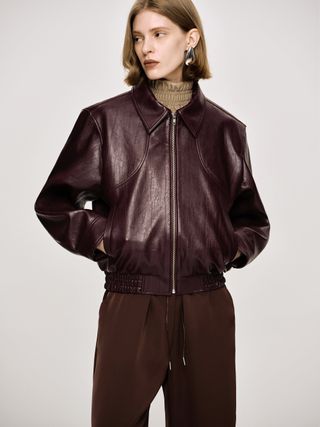 Ennio Faux-Leather Bomber Jacket, Mahogany