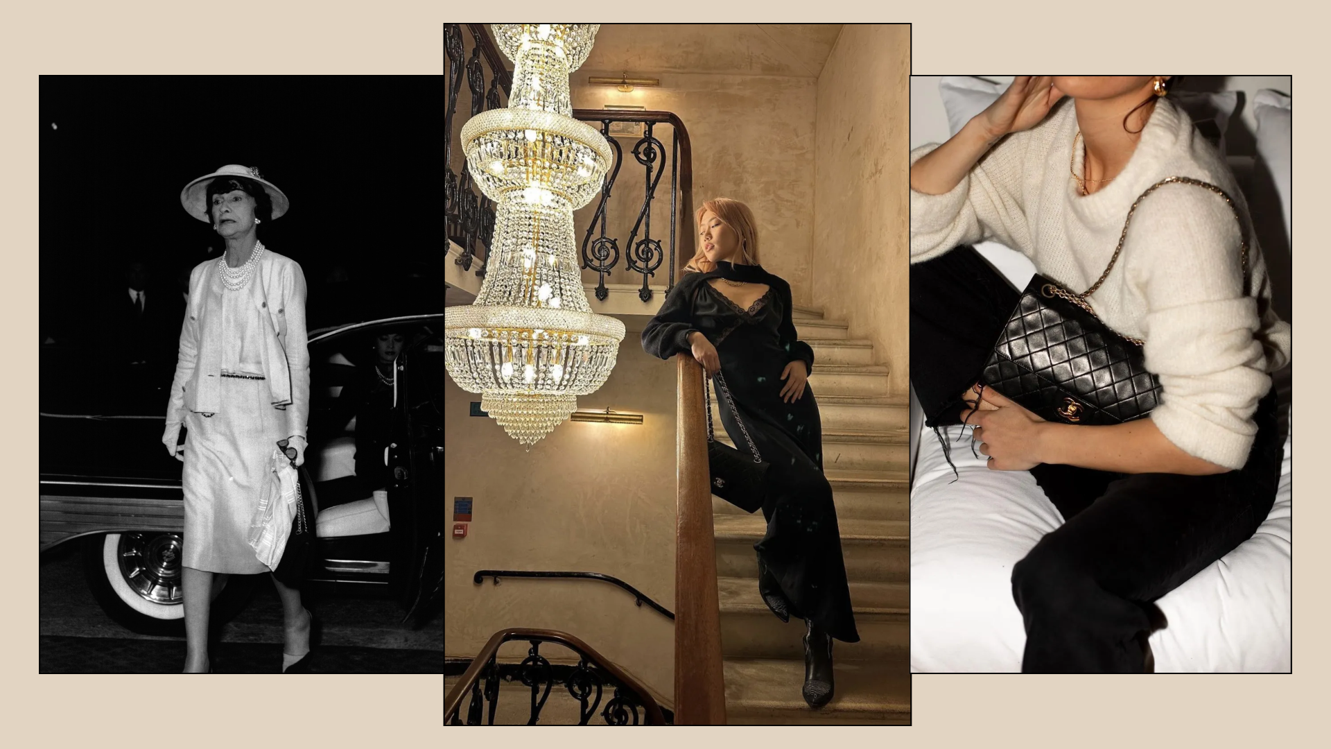 A collage of the Chanel Classic Flap bag, one of the most iconic bags of all time. 