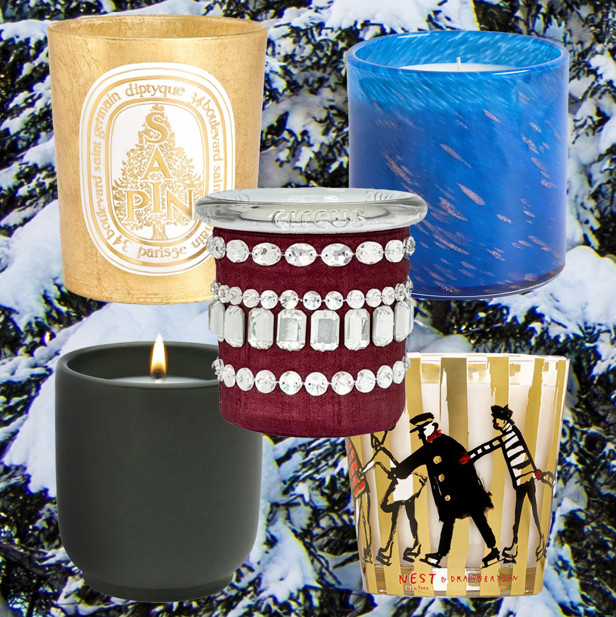 product collage of diptyque sapin candle, Nest New York X Drawbertson Holiday 3-Wick Candle, lafco Eight Nights' Light Signature Candle, homecourt candle, circus Crystal Fetish overlaid background of snowy pine tree