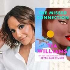 a split image of author tia williams's headshot as she wears a white and smiles while resting her head on her hand opposite an image of the book cover her novel the missed connection for the marie claire franchise buy the book featuring her recommendations of globetrotting romances
