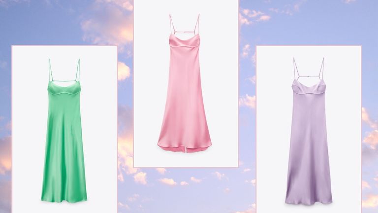 Zara satin dress in green, pink and lilac in a template