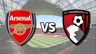 The Arsenal and AFC Bournemouth club badges on top of a photo of Emirates Stadium in London, England