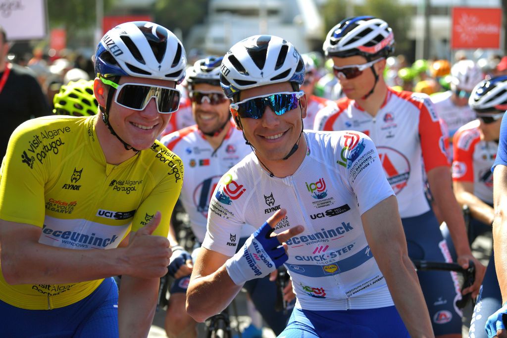 ALTO DO MALHO LOUL PORTUGAL FEBRUARY 22 Start Remco Evenepoel of Belgium and Team Deceuninck Quick Step Yellow Leader Jersey Joo Almeida of Portugal and Team Deceuninck Quick Step White Best Young Rider Jersey Albufeira City during the 46th Volta ao Algarve 2020 Stage 4 a 1697km stage from Albufeira to Alto do Malho 518m Loul VAlgarve2020 on February 22 2020 in Alto do Malho Loul Portugal Photo by Tim de WaeleGetty Images