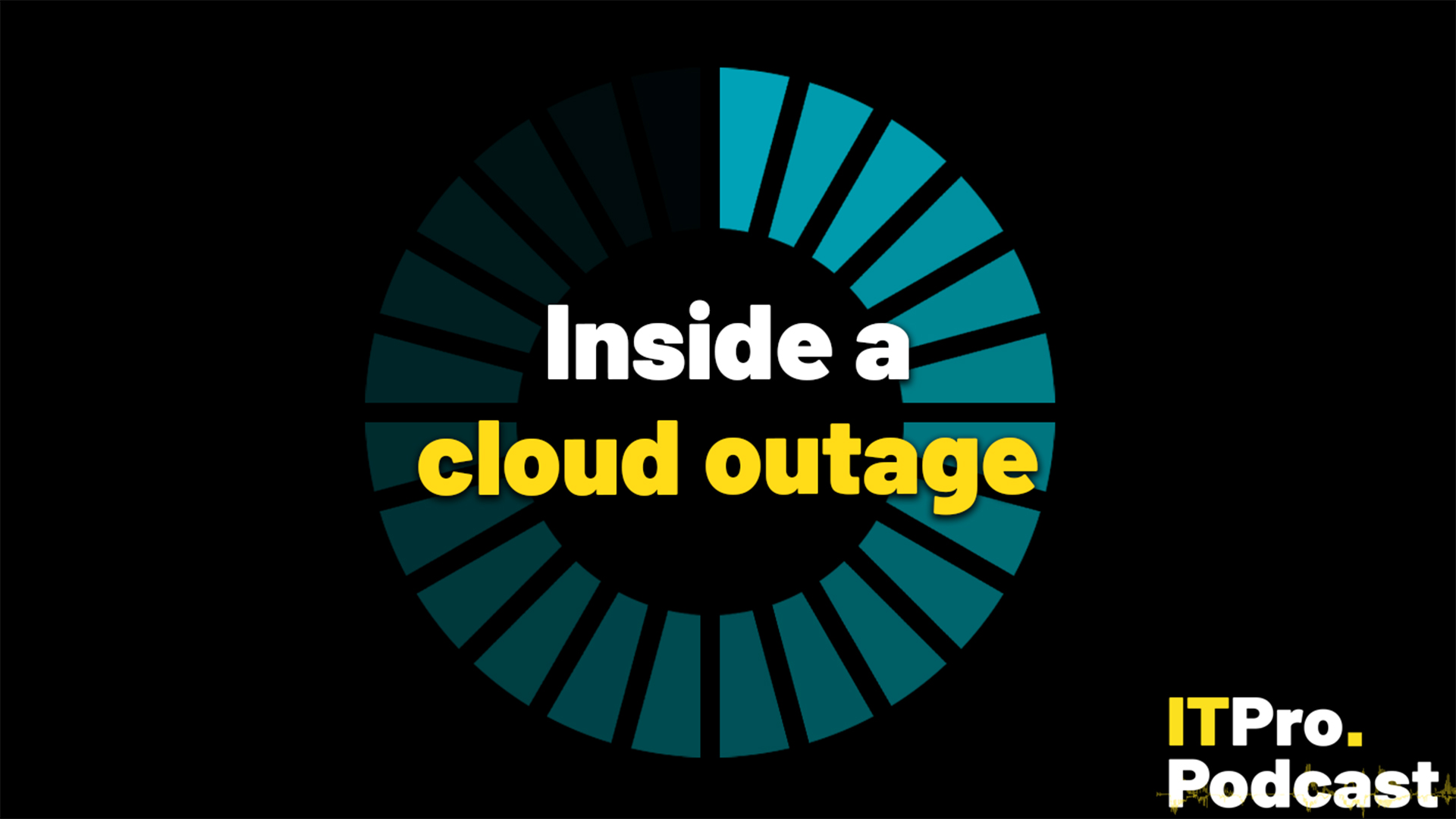 The text "Inside a cloud outage" against a blue loading wheel to represent cloud outages. The words "cloud outage" are in yellow, the rest are in white. In the bottom-right corner, the ITPro Podcast logo is shown.