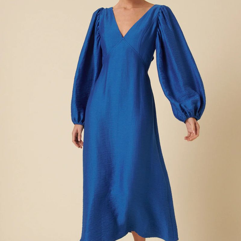 blue dress balloon sleeve v neck