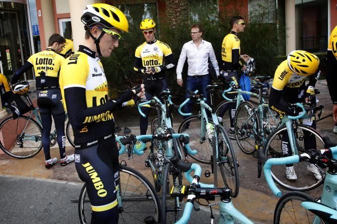 The Team LottoNL-Jumbo riders gather for a morning training ride