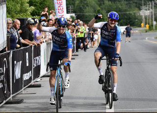 Michael Woods (left) of Israel-Premier Tech wins the Canadian road race championship, with Israel-Premier Tech Academy rider Pier-André Coté taking the silver