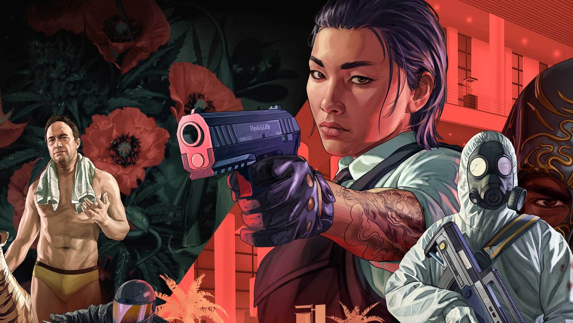 GTA Online characters brandish guns and masks