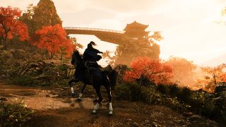 A ronin rides over a hill with the sunset in view