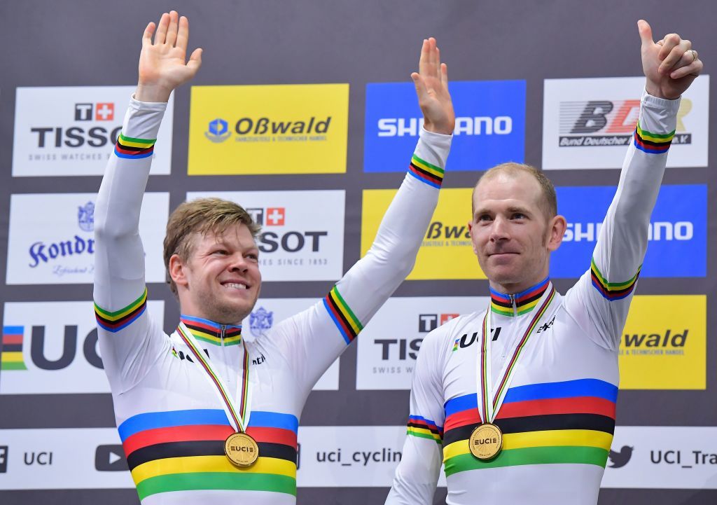 Gold medalists Denmarks Lasse Norman Hansen and Denmarks Michael Morkov celebrate after the mens 50km Madison final at the UCI track cycling World Championship at the velodrome in Berlin on March 1 2020 Photo by Tobias SCHWARZ AFP Photo by TOBIAS SCHWARZAFP via Getty Images