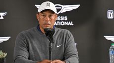 Tiger Woods talks to the media before the 2023 Genesis Invitational