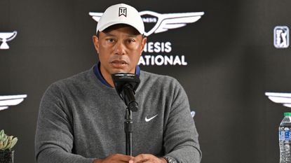 Tiger Woods talks to the media before the 2023 Genesis Invitational