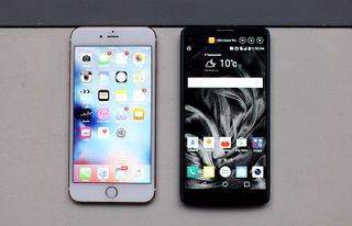 The LG V10 has a larger 5.7-inch screen than the 5.5-inch iPhone 6s in a similar size body.