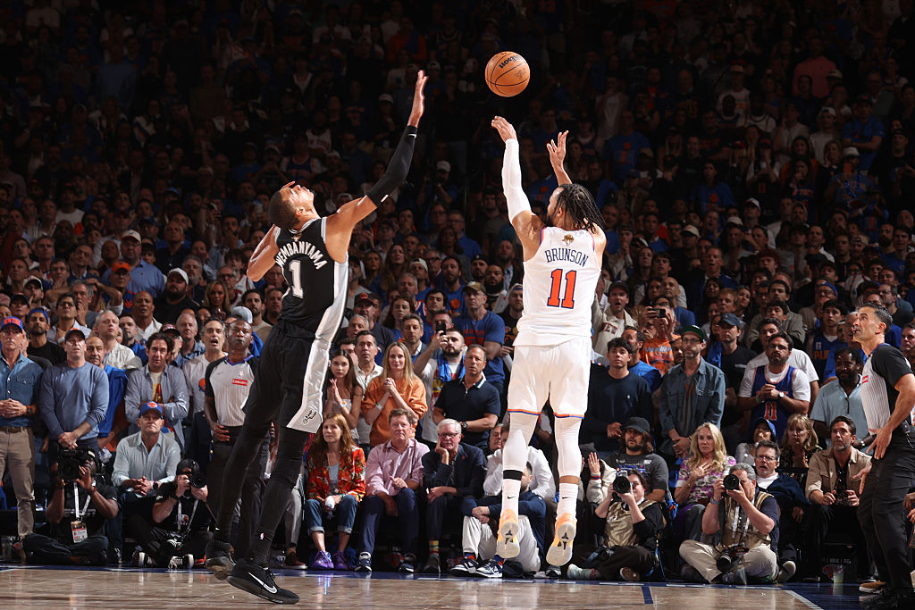 Jalen Brunson of the New York Knicks shoots a three-point basket over Victor Wembanyama of the San Antonio Spurs during the game during Game Four of the 2026 NBA Finals on June 10, 2026.