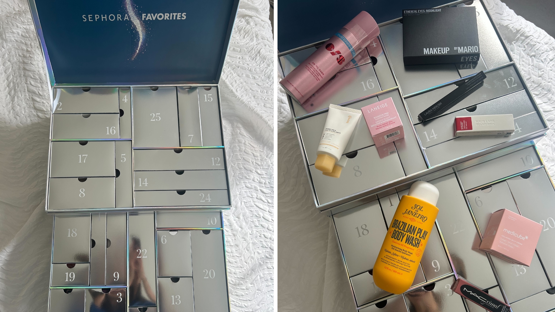 Two images unboxing the Sephora Favorites Advent Calendar 2026 and with some of the contents of the calendar on top