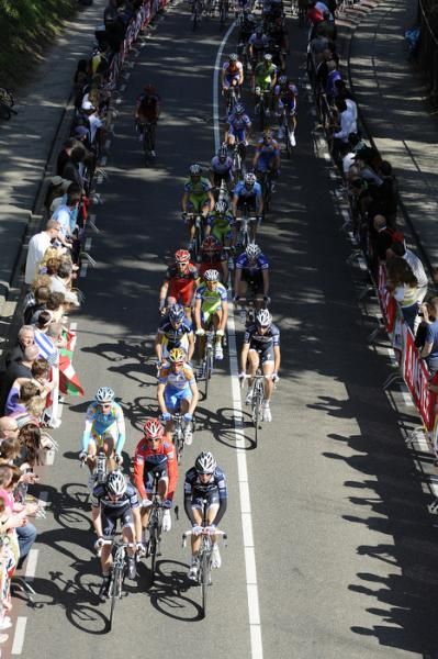 The Schleck brothers are up front in the peloton on the first trip up the Cauberg.