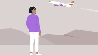 Illustrated woman looking up at missed flight