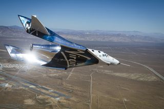Virgin Galactic's spaceship Unity flies freely over the Mojave Air and Space Port in California during a May 1, 2017 test flight. 