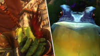 A split image - one of an orc holding his head in his hands, another of a judgemental gulp frog staring judgementally.