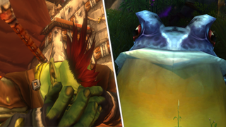 A split image - one of an orc holding his head in his hands, another of a judgemental gulp frog staring judgementally.
