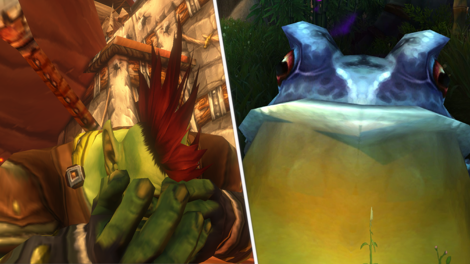 A split image - one of an orc holding his head in his hands, another of a judgemental gulp frog staring judgementally.