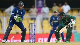 Mehidy Hasan Miraz (R) plays a cut shot in front of Jos Butler ahead of the ENG vs BAN live stream