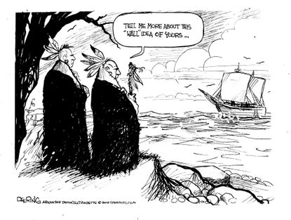 Political cartoon U.S. Donald Trump wall Native Americans pilgrims
