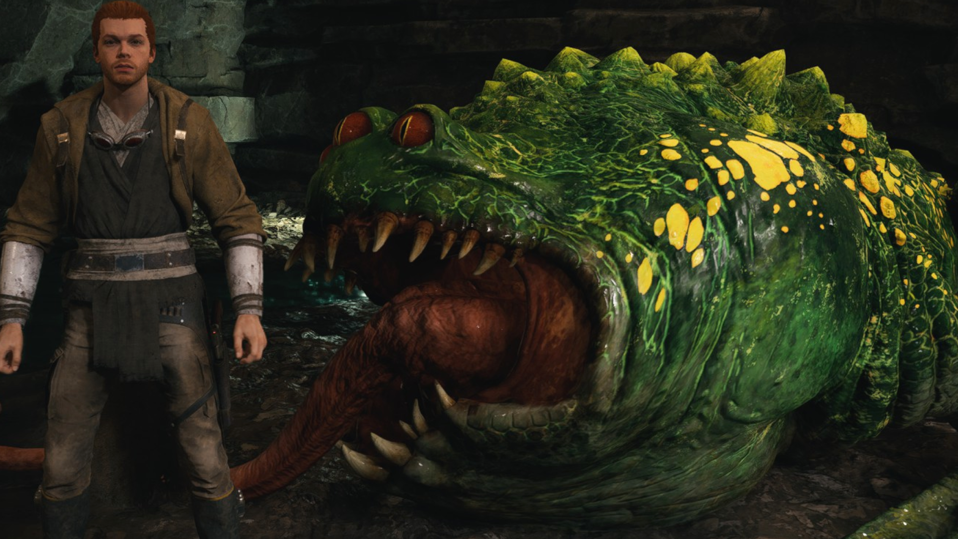 An image of Cal Kestis being attacked by Oggdo Boggdo, Star War's worst frog.
