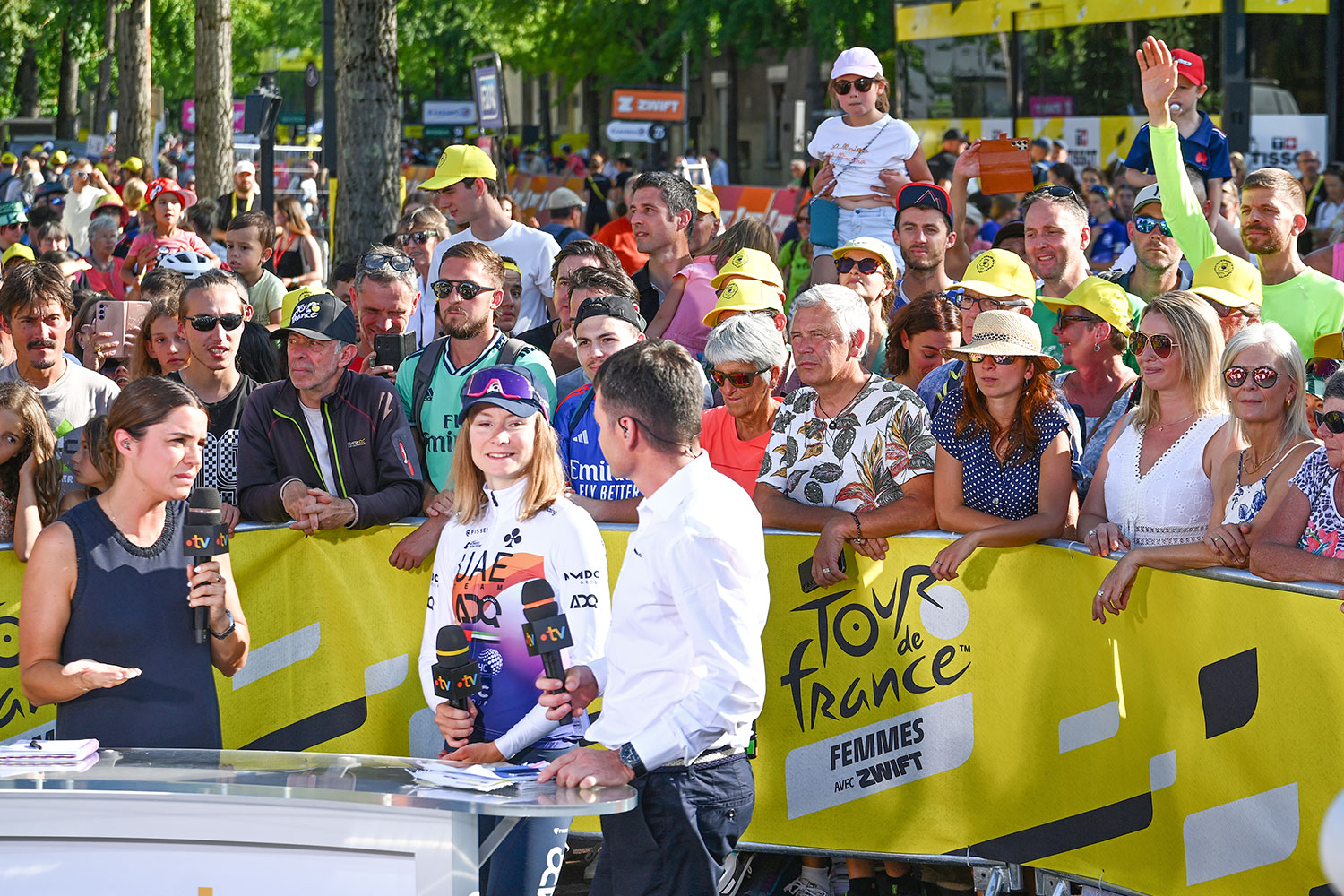 CHAMBERY, FRANCE - AUGUST 01: Stage winner Maeva Squiban of France and UAE Team ADQ meets the media press after the 4th Tour de France Femmes 2025, Stage 7 a 159.7km stage from Bourg-en-Bresse to Chambery / #UCIWWT / on August 01, 2025 in Bourg-en-Bresse, France. (Photo by Szymon Gruchalski/Getty Images)