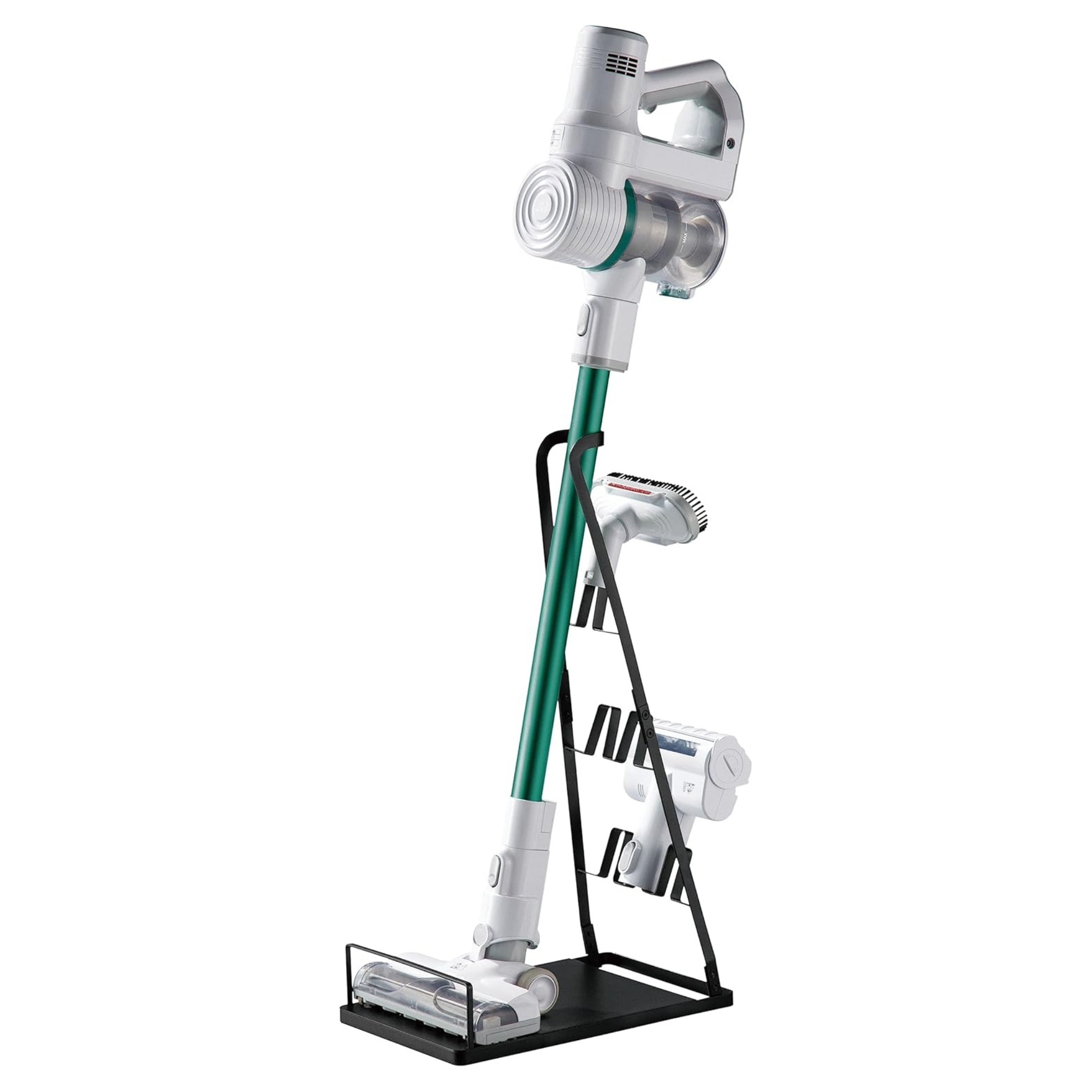 Vacuum and attachments mounted on stand against white background.