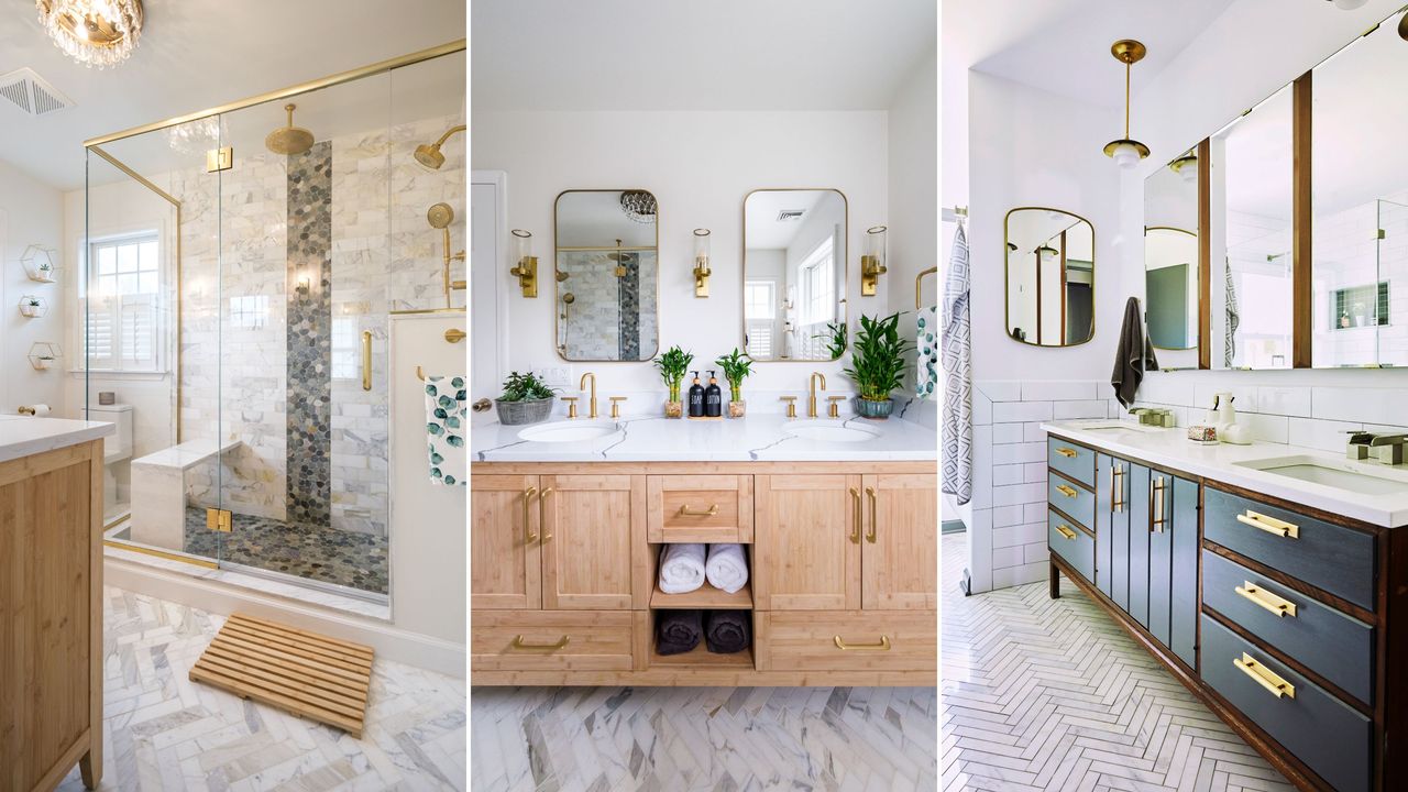 Marble bathroom ideas are so pretty. Here are three of these - one with a glass shower unit with white and marble tiles and a brown wooden bath mat, one light wooden dual sink unit with two gold mirrors, and a white bathroom with three mirror cabinets, a navy blue and dark wood sink unit with white base, and white subway tiles on the wall and herringbone tiles on the floor