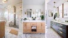 Marble bathroom ideas are so pretty. Here are three of these - one with a glass shower unit with white and marble tiles and a brown wooden bath mat, one light wooden dual sink unit with two gold mirrors, and a white bathroom with three mirror cabinets, a navy blue and dark wood sink unit with white base, and white subway tiles on the wall and herringbone tiles on the floor