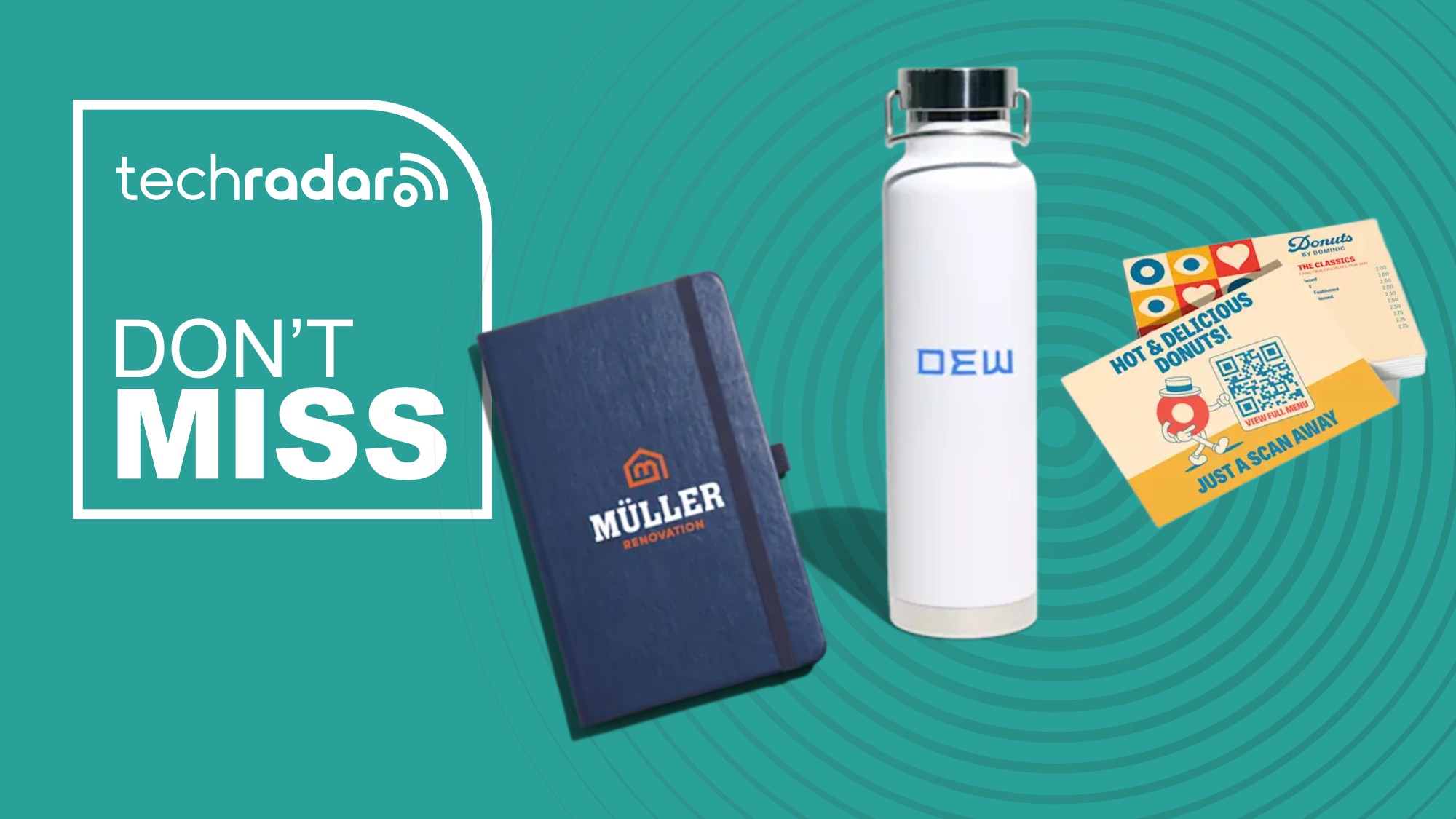 A branded notebook, postcards, and water bottle on a green background next to a TechRadar badge that reads 'Don't Miss'
