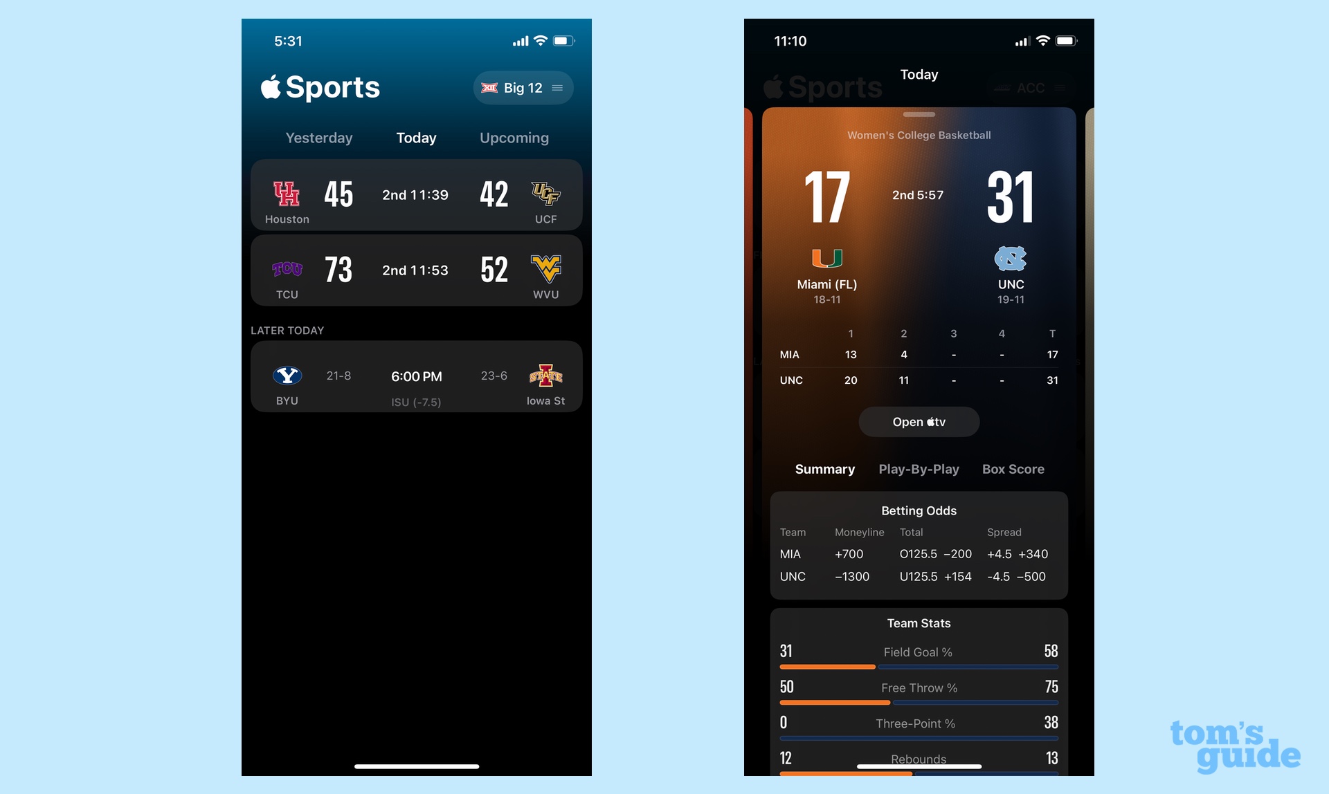 scores show in apple sports app