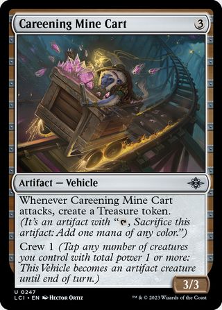 A minecart rushes down the track with a rider holding on and pink crystals flying about in this Lost Caverns of Ixalan card