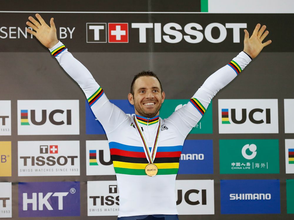 Francois Pervis of France poses with his gold medal after winning Men's 1Km Time Trial Final on Day 5 in 2017 UCI Track Cycling World Championships