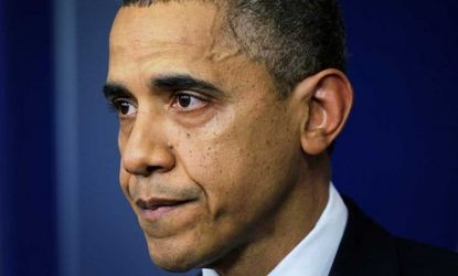 President Barack Obama makes a teary statement in response to the Connecticut shooting massacre that left 20 children dead.
