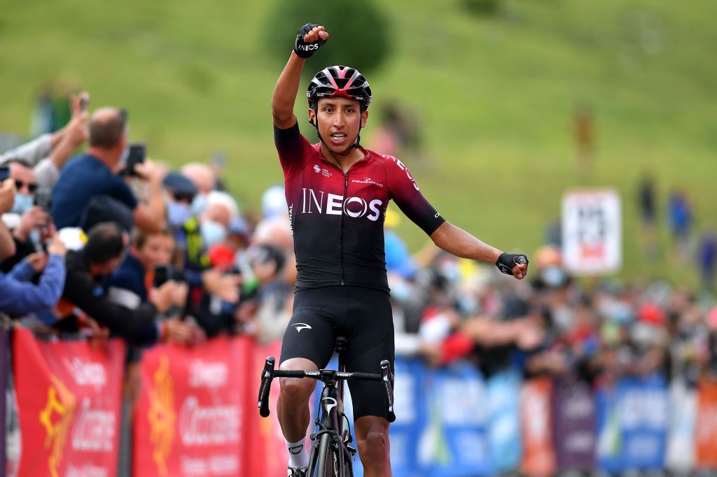 SARRANCOLIN FRANCE AUGUST 03 Arrival Egan Bernal of Colombia and Team Ineos Celebration during the 44th La Route dOccitanie La Depeche du Midi 2020 Stage 3 a 1635km stage from Saint Gaudens to Col de Beyrde 1417m RouteOccitanie RDO2020 on August 03 2020 in Sarrancolin France Photo by Justin SetterfieldGetty Images