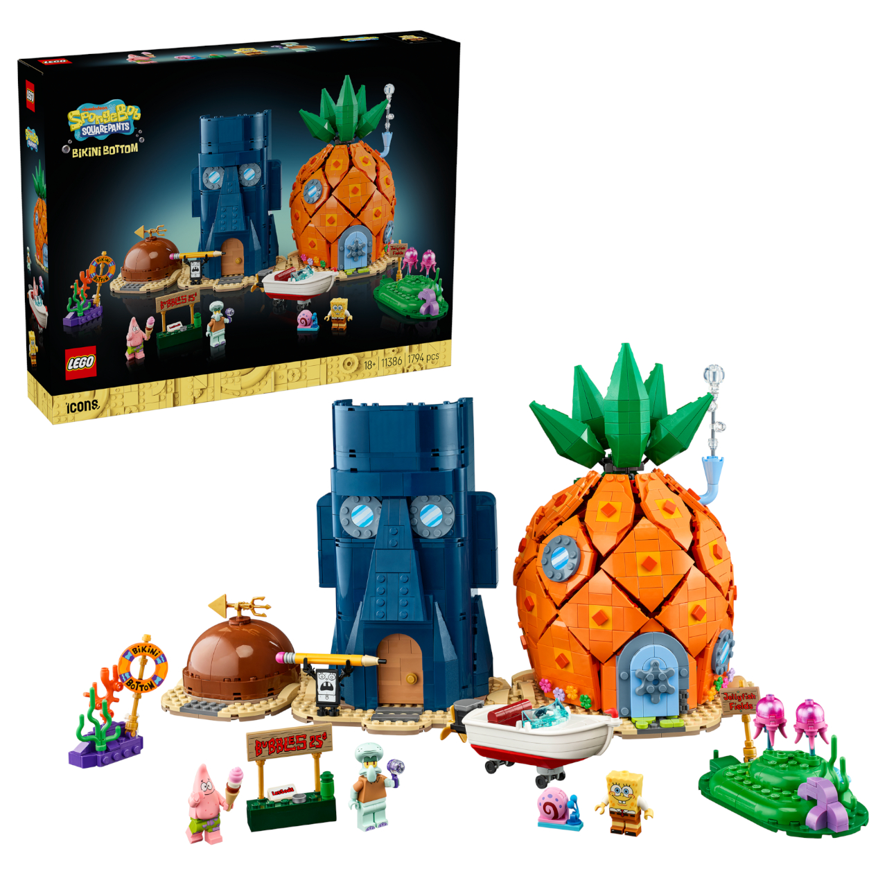 Lego Spongebob Squarepants set and box on a plain background