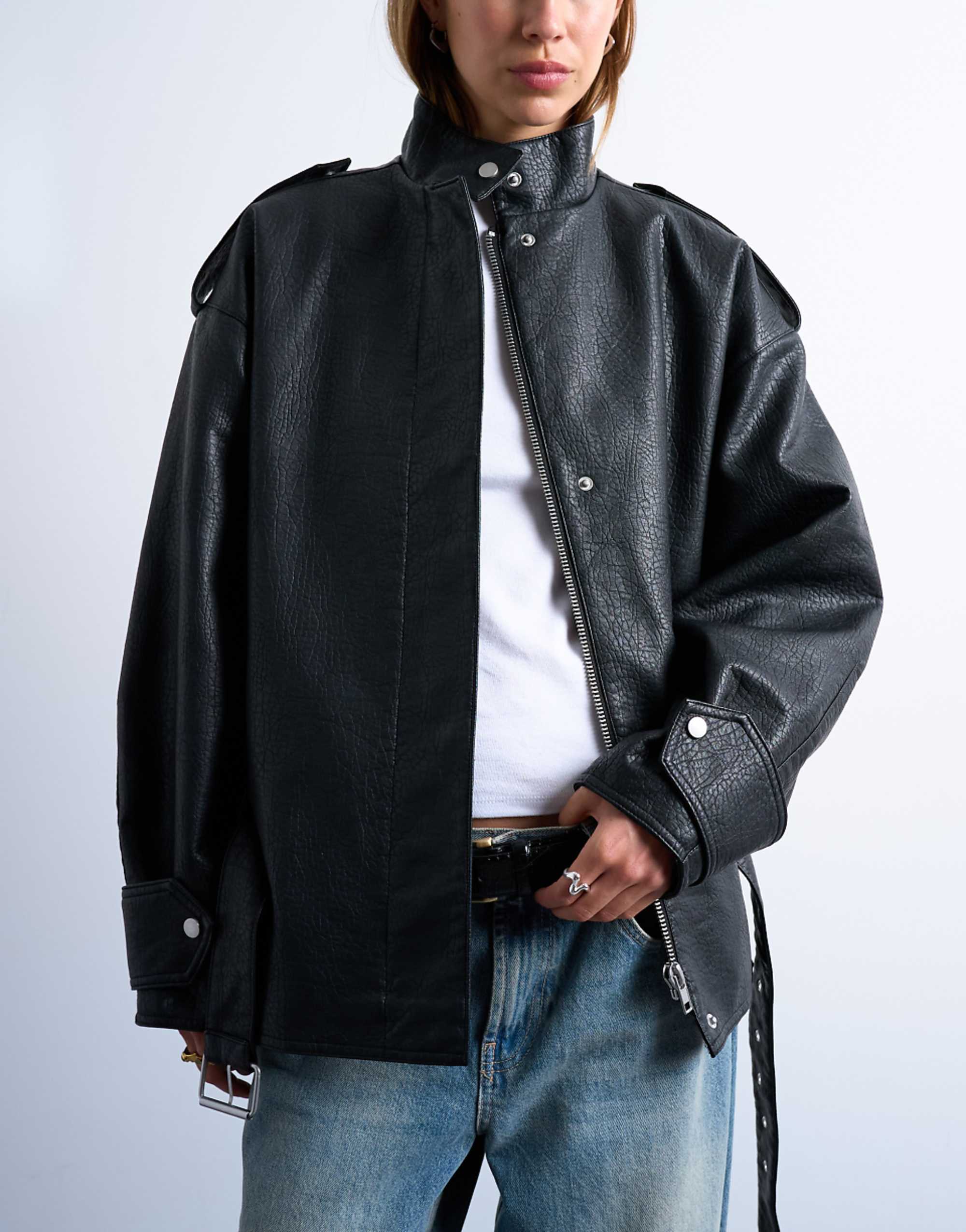 Topshop Faux Bubble Leather Short Belted Bomber Jacket in Black